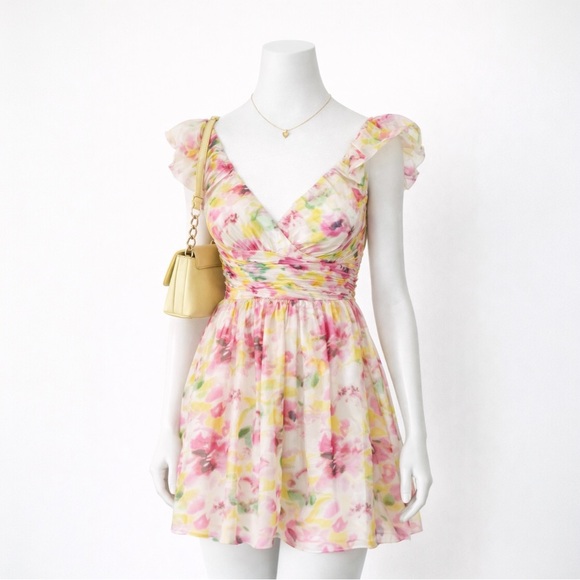 NWOT AQUA Watercolor Flutter Sleeve Mini Dress - Bloomingdale’s Exclusive - Picture 3 of 7